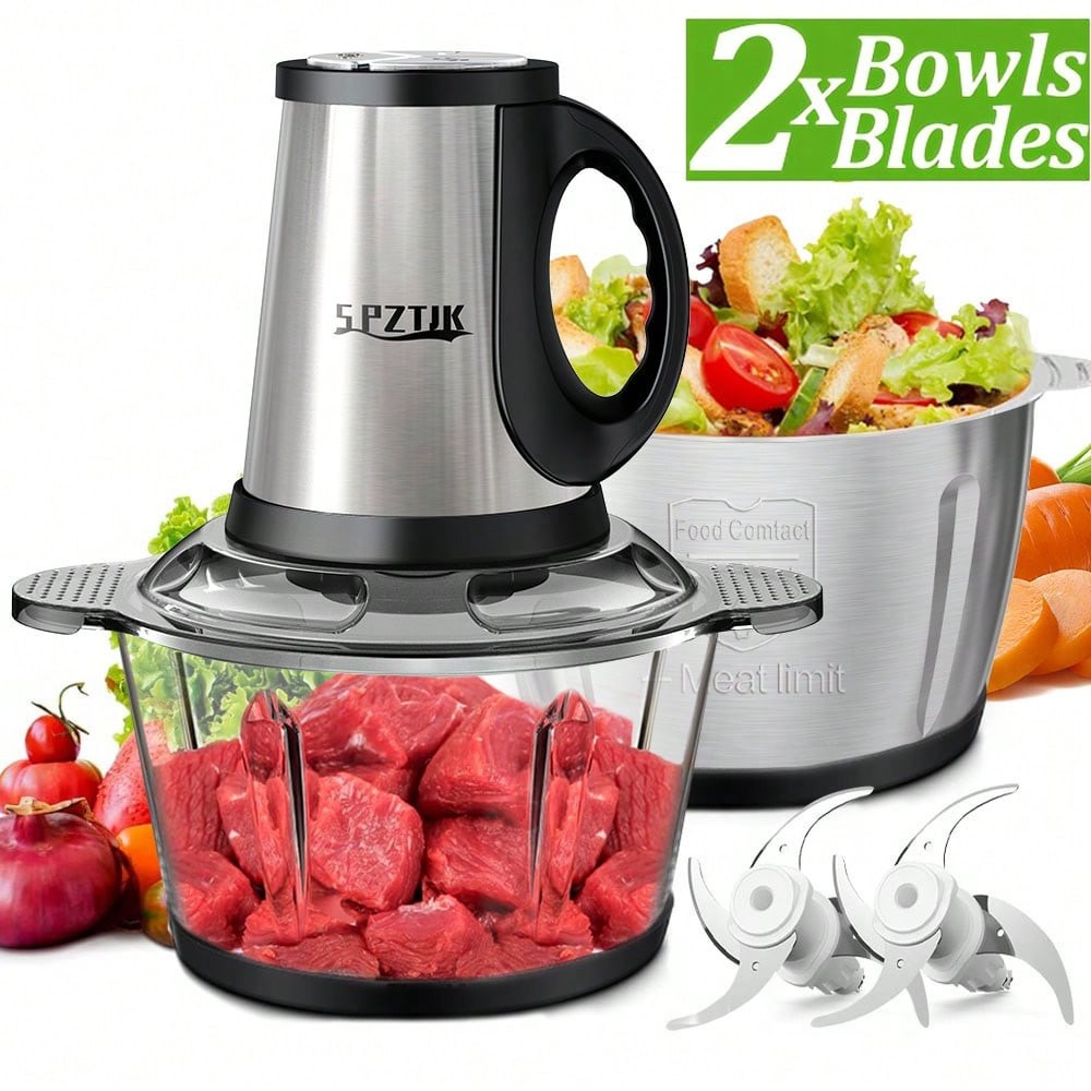 8 Cup Electric Food Chopper with 2 Bowls 2 Blades, Multifunctional Meat Grinder