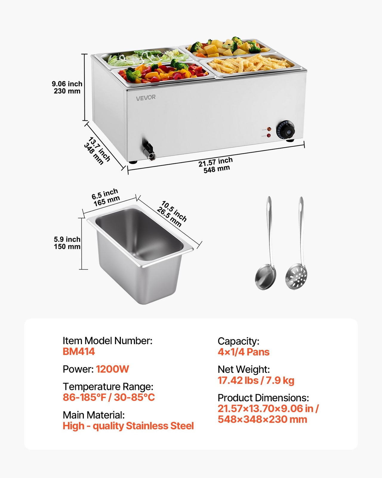24QT Commercial Food Warmer, 4-Pan Electric Steam Table, 1200W Professional Coun