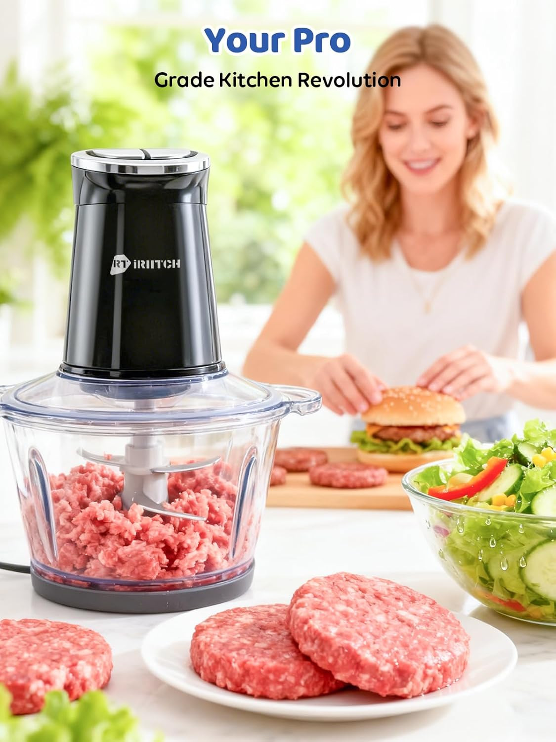 IRIITCH Food Processor with LED Timer, 800W Electric Chopper with 2 Bowls (12-Cu