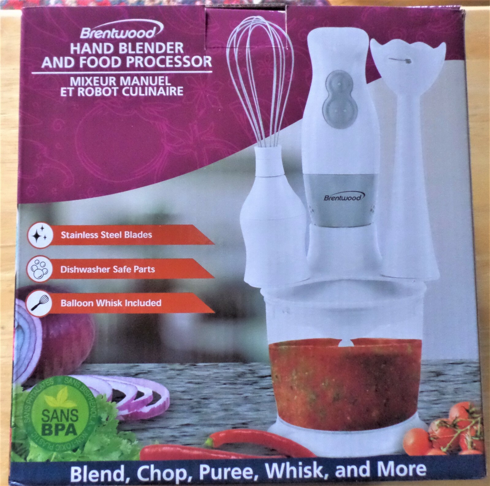 NIB Brentwood White HAND BLENDER & FOOD PROCESSOR, whisk, puree, chop, blend 