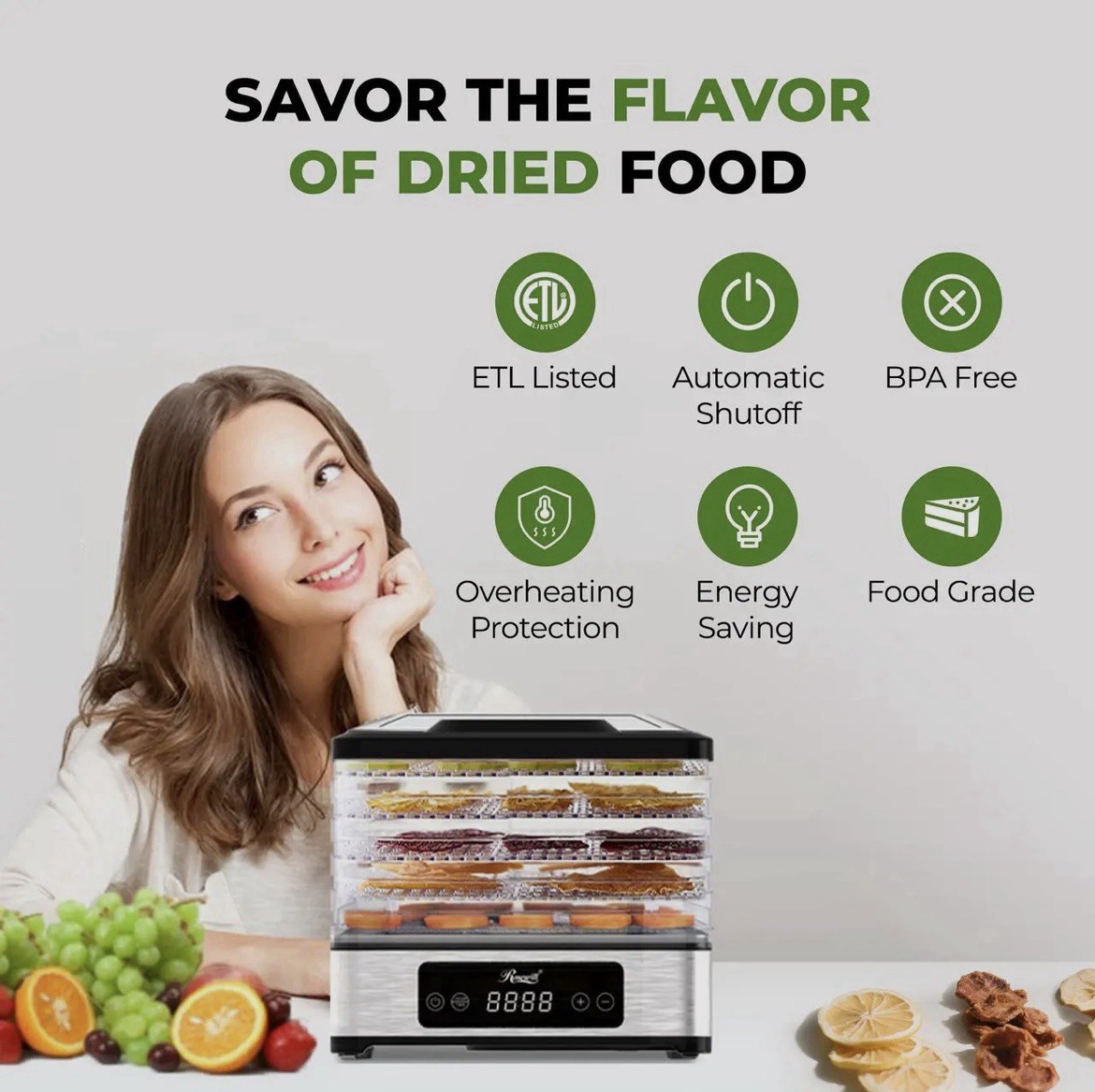 Rosewill Compact Food Dehydrator, 5 Stackable Trays with Adjustable 48H Timer an