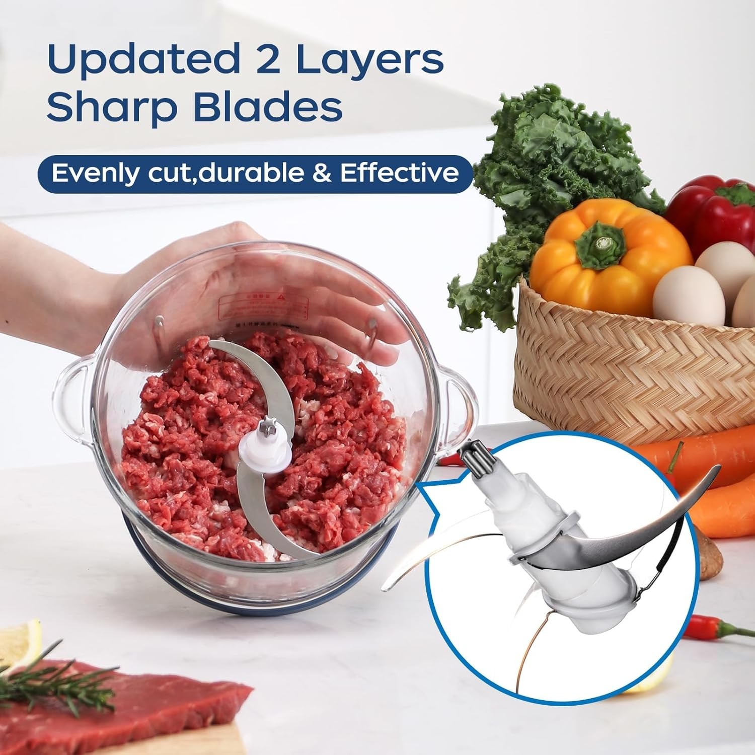 Food Processor,Electric Food Chopper with 7-Cup 1.7L Glass Bowl, 4 Bi-Level B…