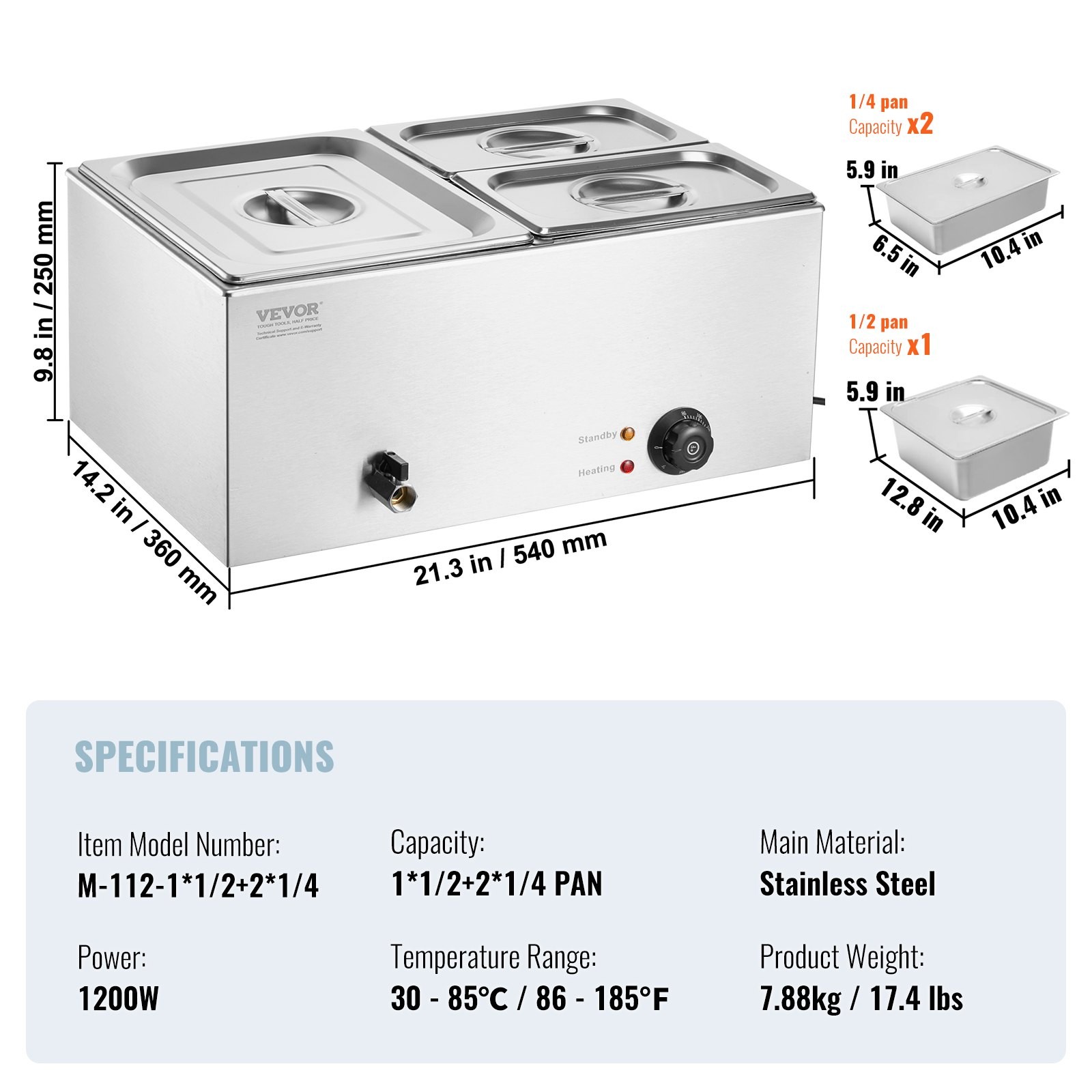 24QT Commercial Food Warmer, 3-Pan Electric Steam Table, 1200W Professional Coun