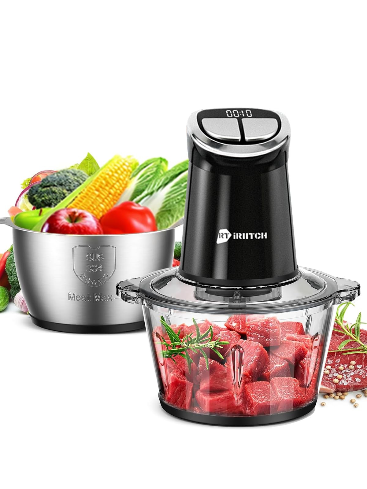 IRIITCH Food Processor with LED Timer, 800W Electric Chopper with 2 Bowls (12…