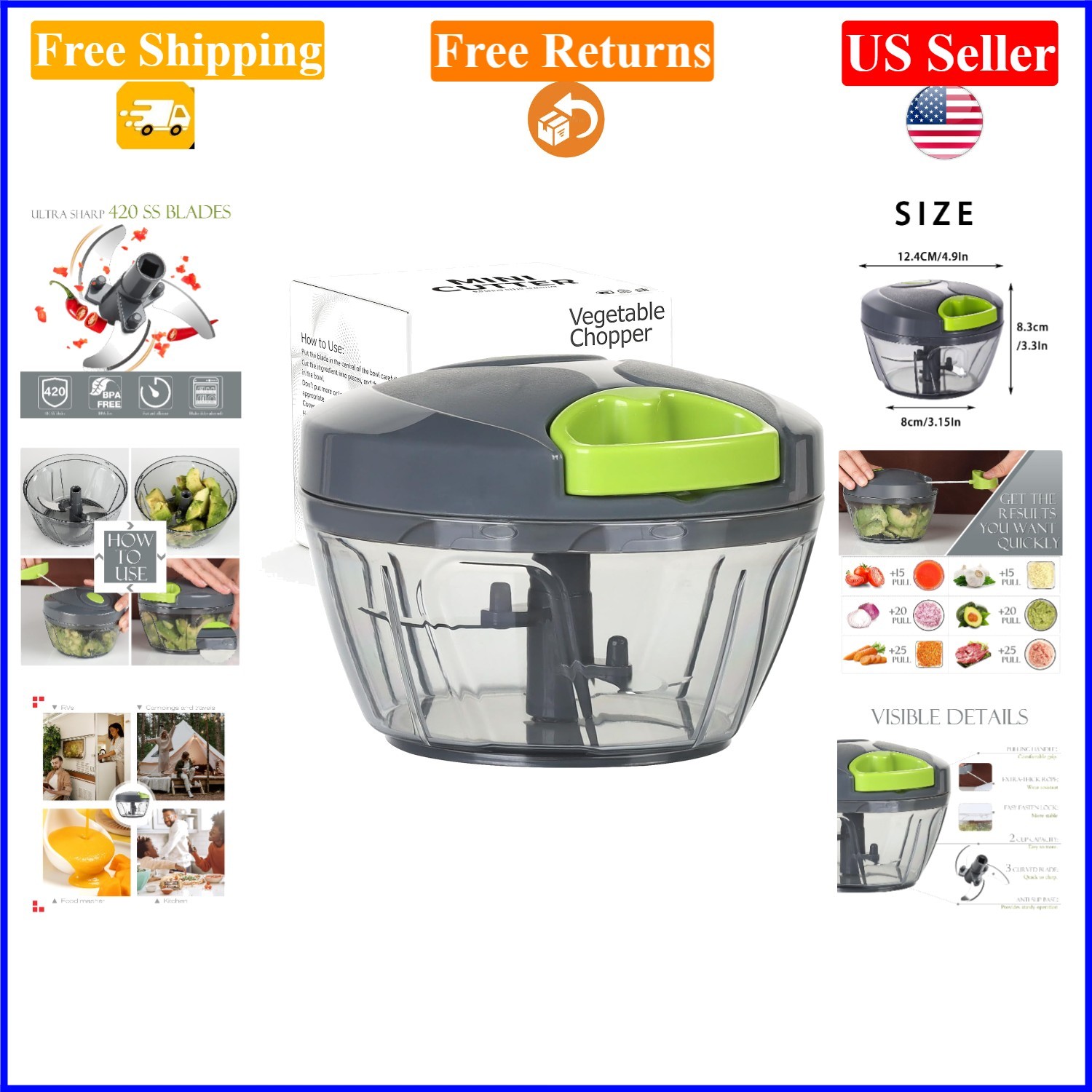 Manual Food Processor Grey 500ml, Portable Hand Pull String Chopper