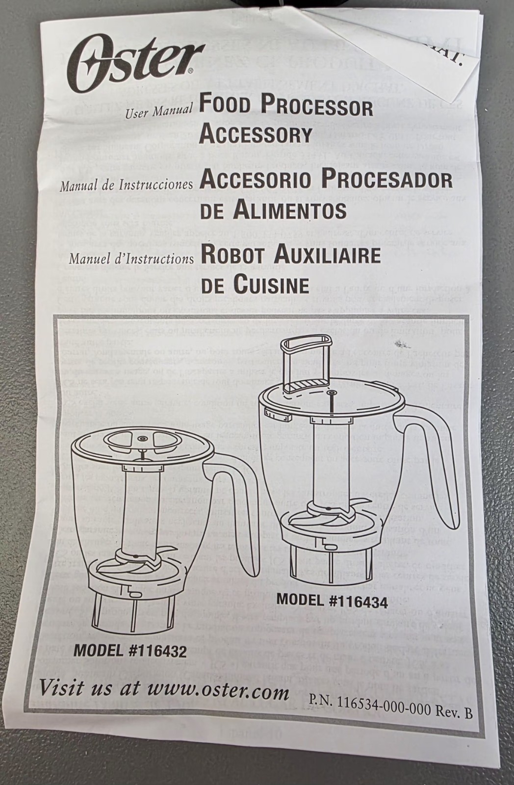 Oster Food Processor Replacement Assembly 116432- 100-090 Bowl, Blade & Lid