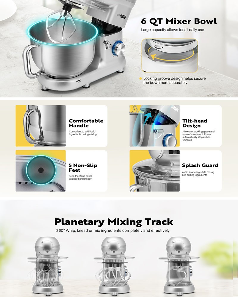 3In1 Food Stand Mixer Stainless Steel Bowl Meat Grinder Blender 6QT 6 Speed