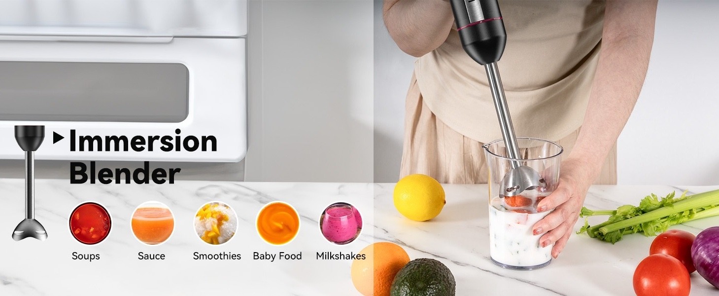 Immersion Blender 20-Speed 1000W 5-in-1 Hand Stick Turbo Processor Black WA