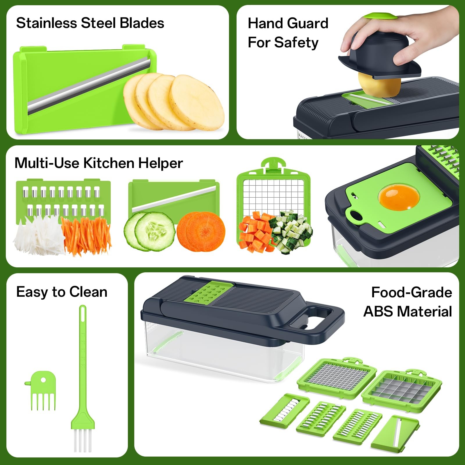 HomeHacks Vegetable Chopper Cutter, 12 in 1 Kitchen 7 blades, Green