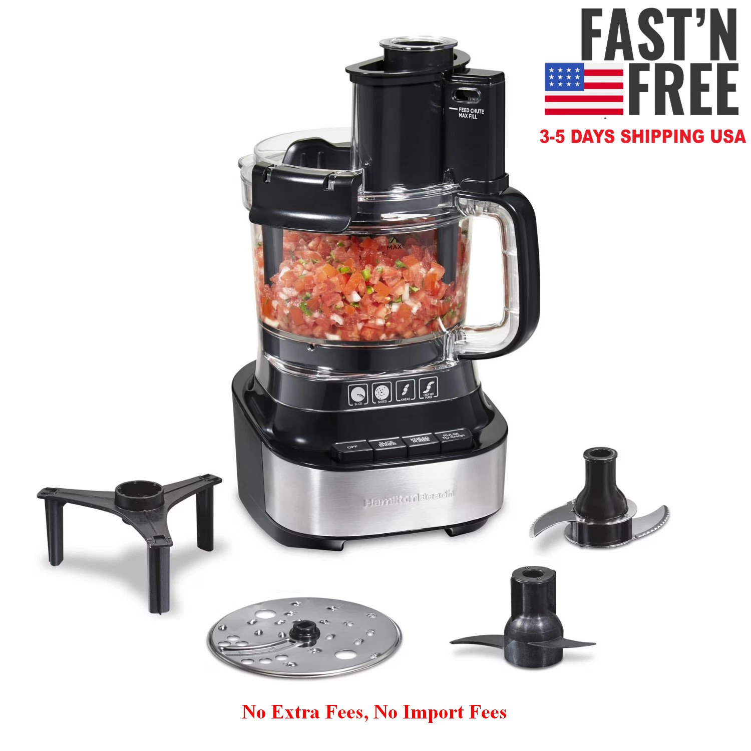 Hamilton Beach 10 Cup Food Processor Stack Snap Large Chute Bowl Scraper Black