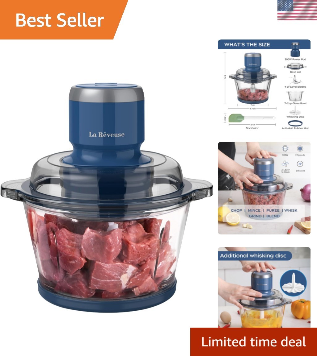 Food Processor,Electric Food Chopper with 7-Cup 1.7L Glass Bowl, 4 Bi-Level B…