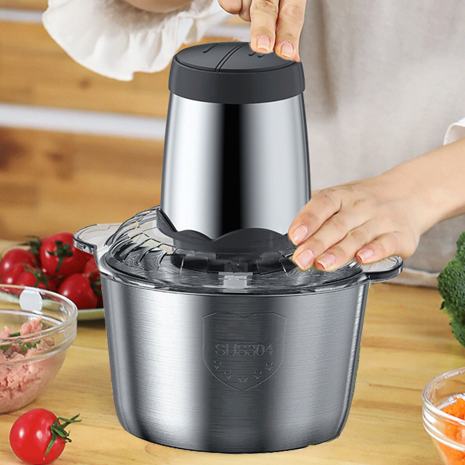 300W Electric Food Vege Chopper Food Processor Kitchen Meat Grinder 2L US
