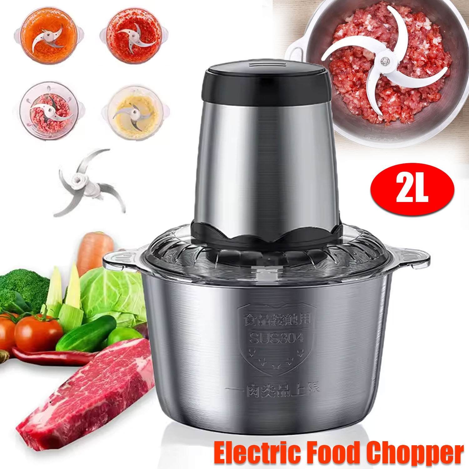 2L Electric Meat Grinder Food Processor Fruits Blender Veg Chopper Sausage Maker