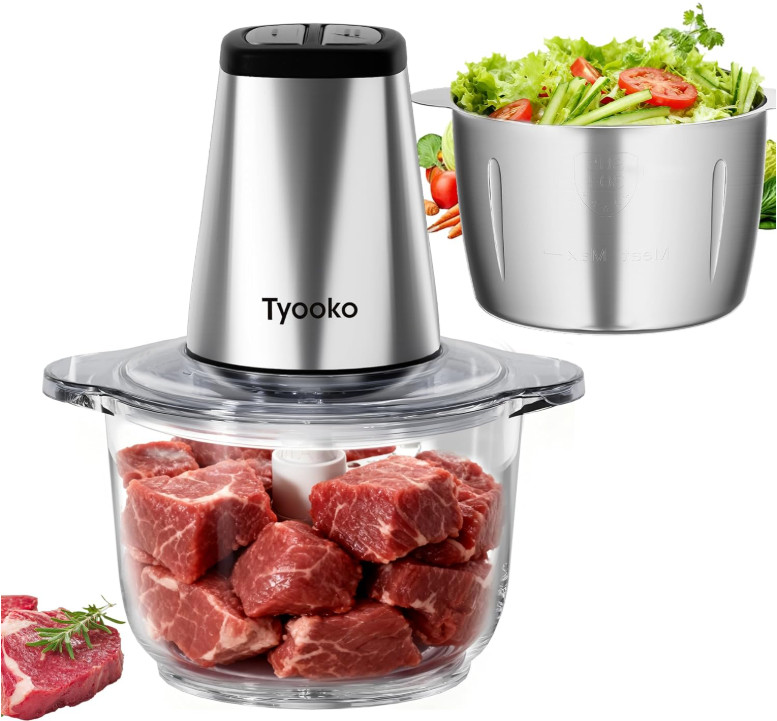 Picadora Eléctrica de Alimentos 2×8 Tazas Acero y Vidrio para Carne Verduras