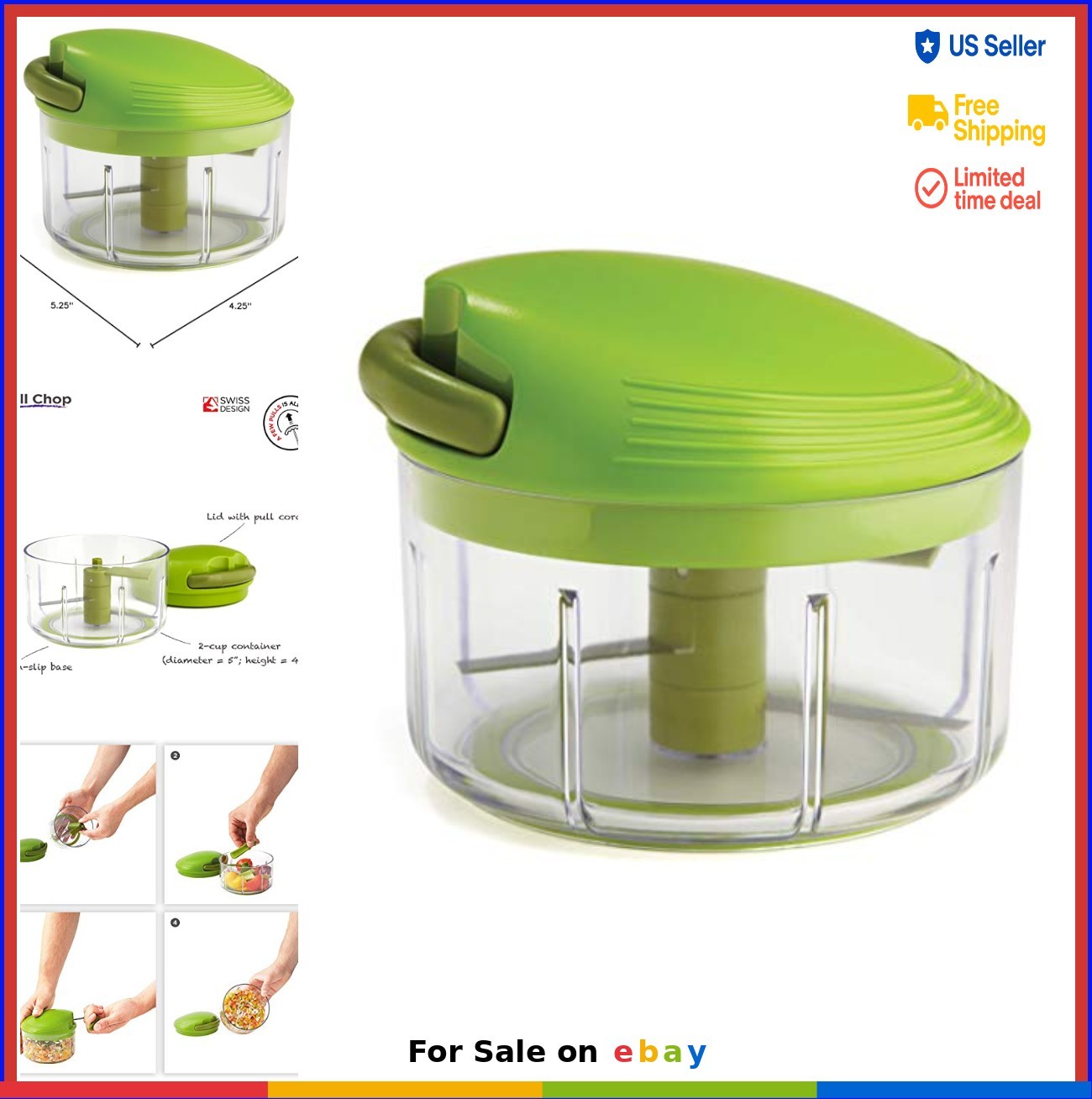 Manual Food Processor Pull Chop 2 Cup Cord Mechanism Vegetable Chopper Dice