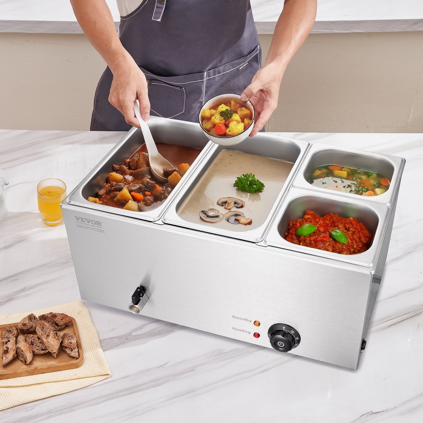 4-Pan Commercial Food Warmer, 16.4QT Electric Steam Table, 1200W Professional Co