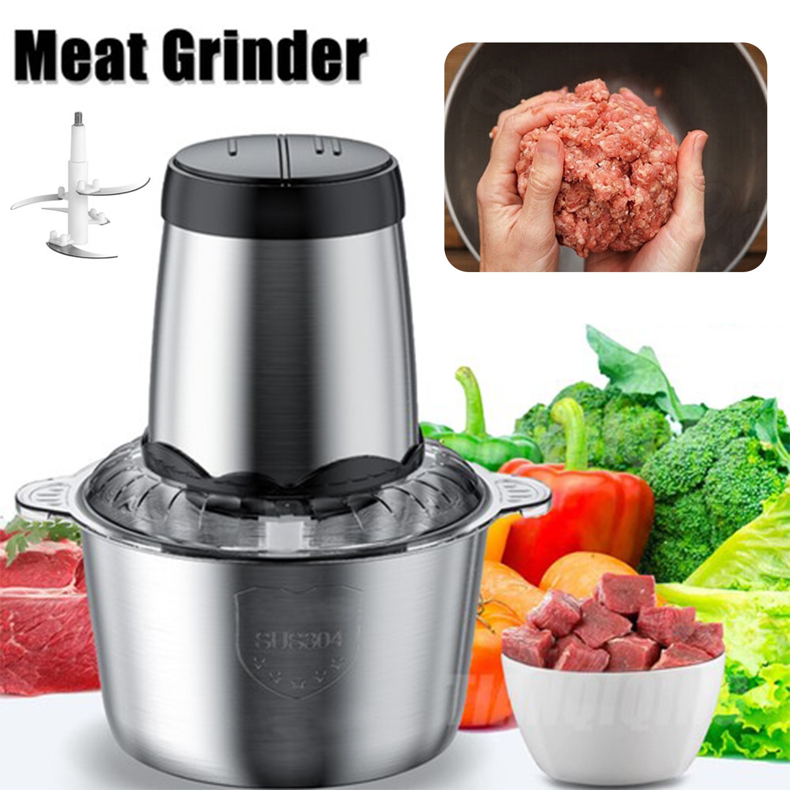 2L Electric Food Chopper Electric Stainless Steel Processor Meat Grinder Mixer