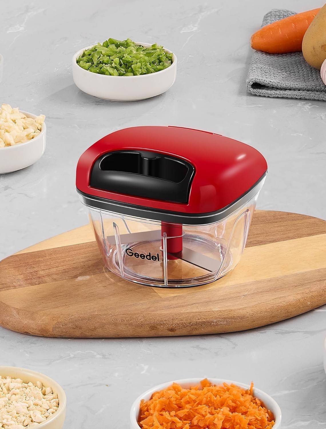 Red Manual Food Chopper, 2 Cup Vegetable & Fruit Cutter, Portable