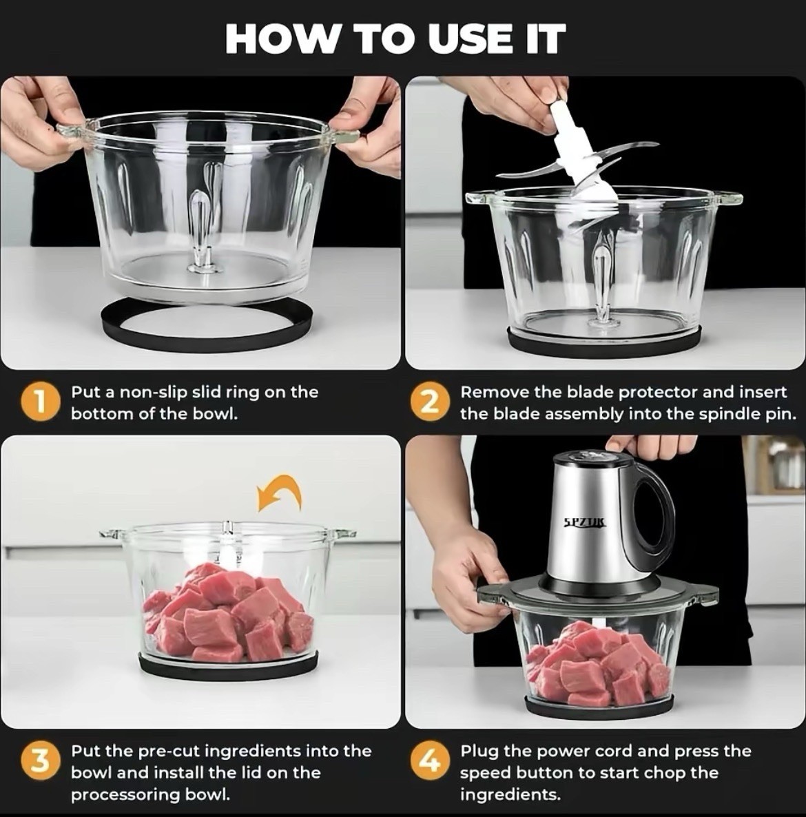 2L Electric Food Chopper Meat Grinder Processor 2 Bowls Stainless Steel BPA Free