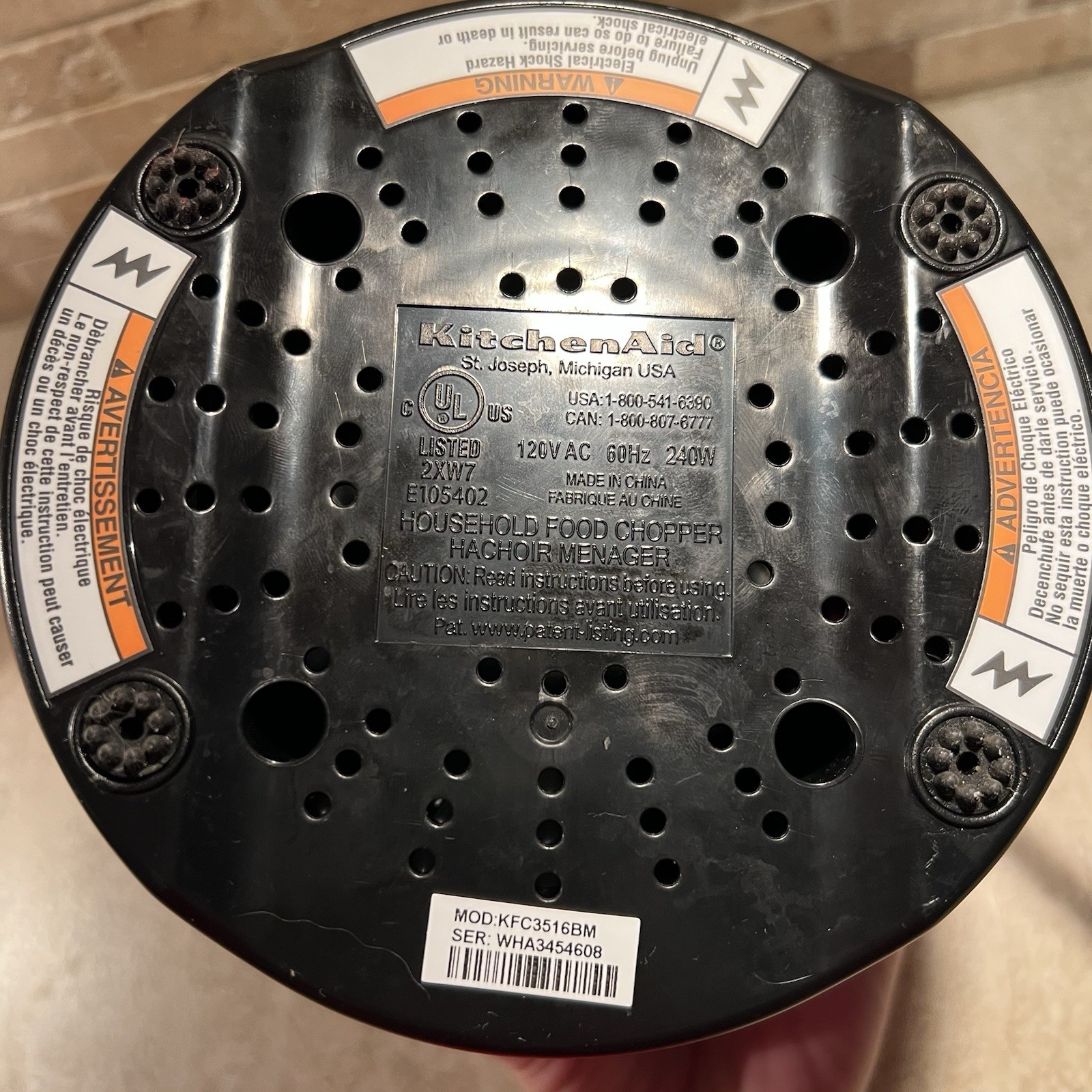 Kitchenaid KFC3516 3.5 Cup Food Chopper Replacement Part Base Motor Only Black