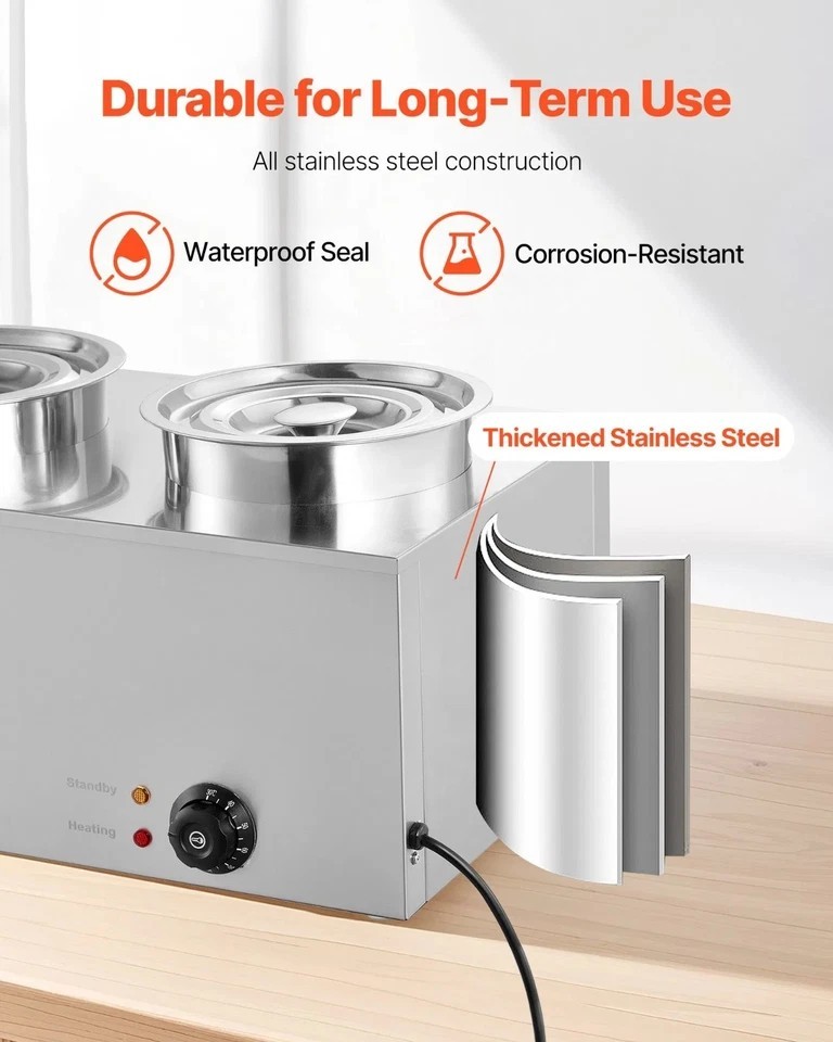 Electric Soup Warmer Two 6.34QT Stainless Steel Round Pot with 86~185 Fahrenheit