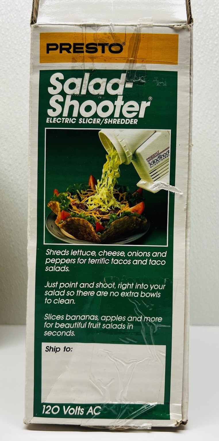 NEW PRESTO SALAD-SHOOTER 02910 Electric Slicer Shredder Open Box 1980s Vintage