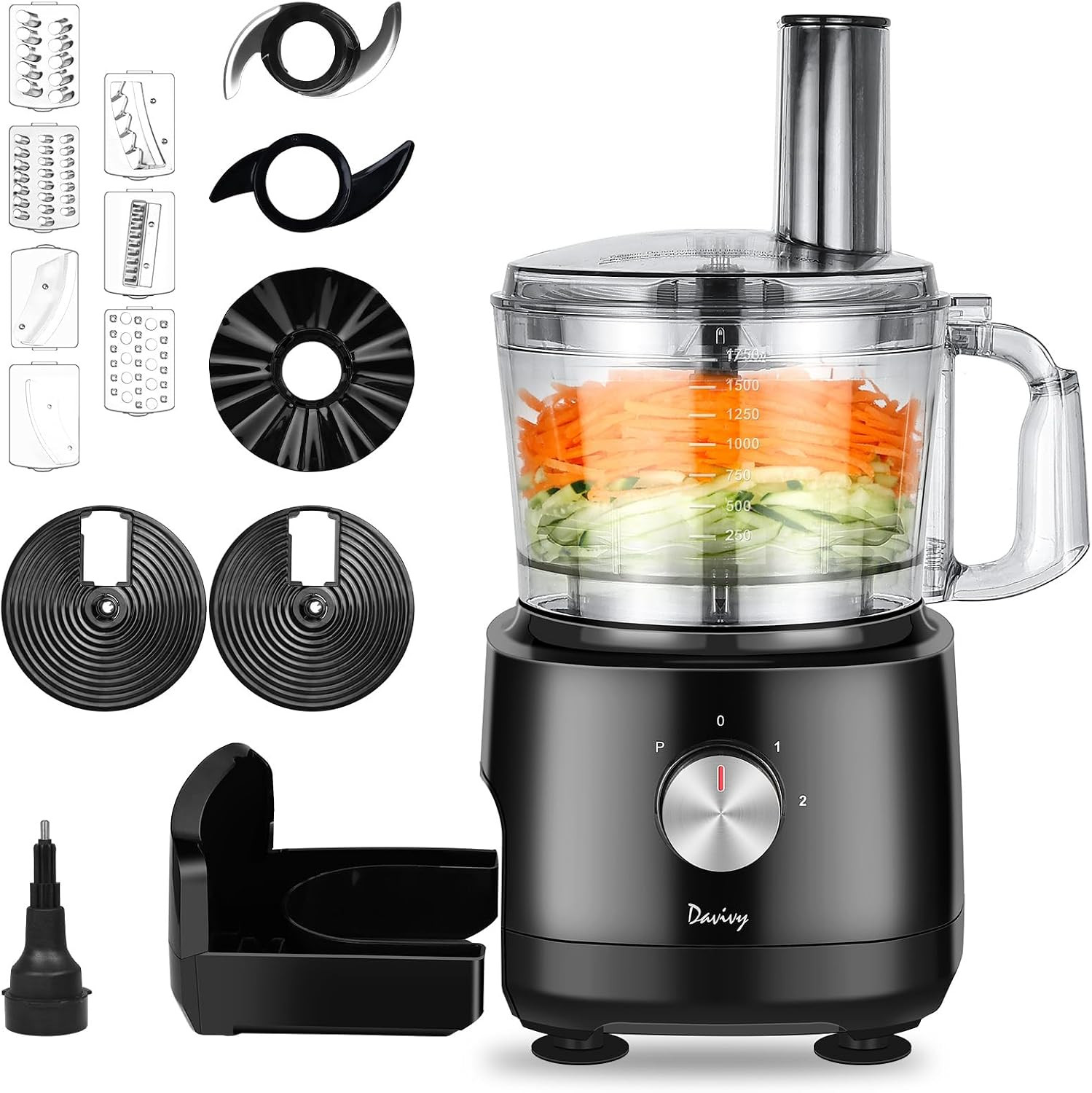 7-Cup Food Processor with Built-In Storage Drawer | 600W Motor, 10-Blade Set for