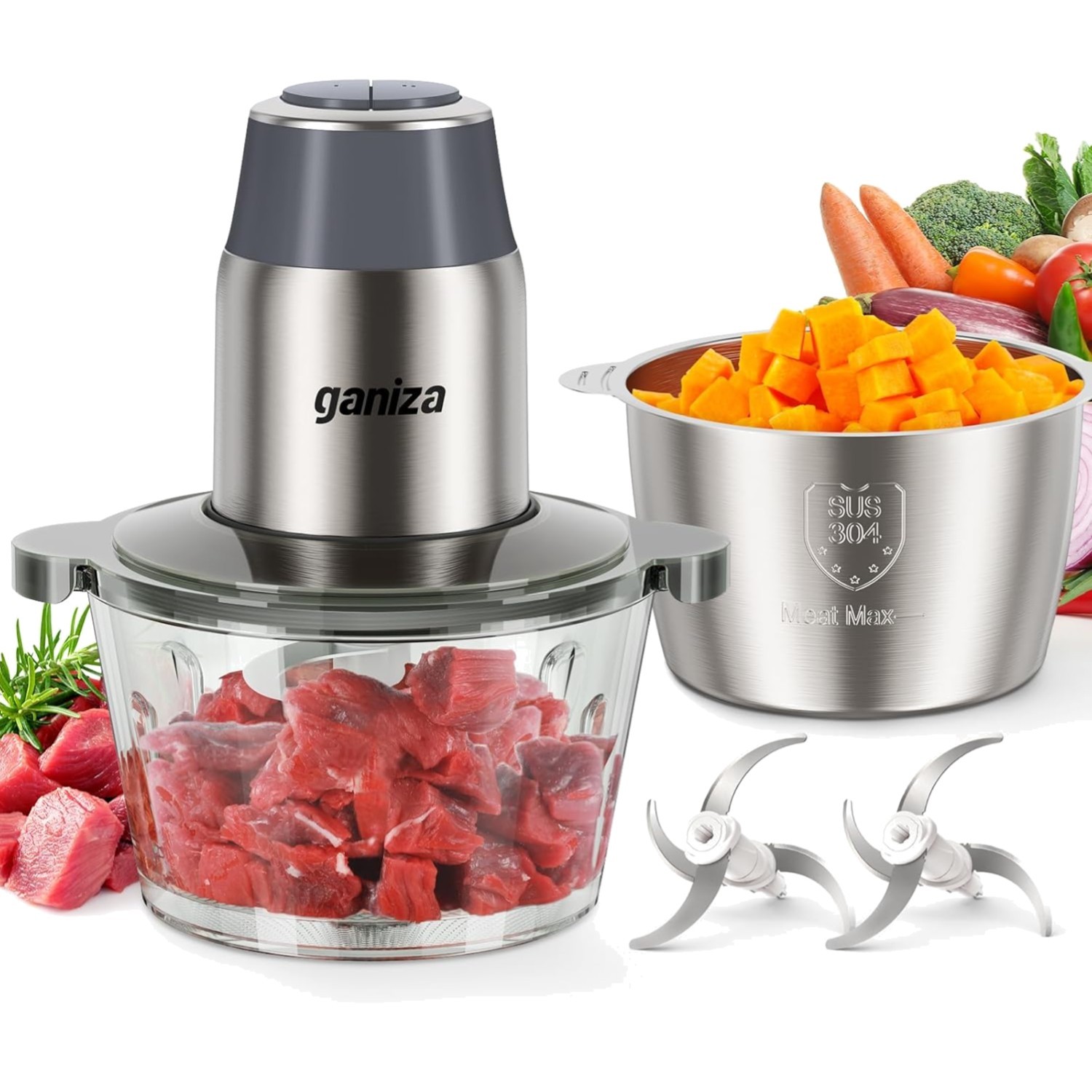 Electric Food Chopper Meat Grinder Vegetable Processor 8 Cup 450W Grey