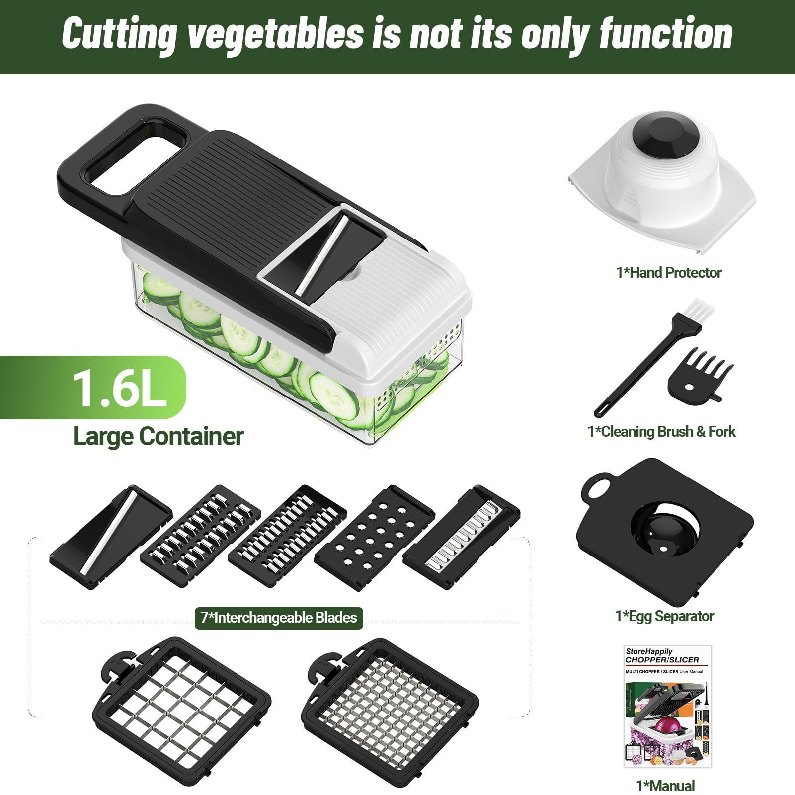StoreHappily 12-in-1 Vegetable Chopper, 7 Blades Veggie Chopper Large, Black