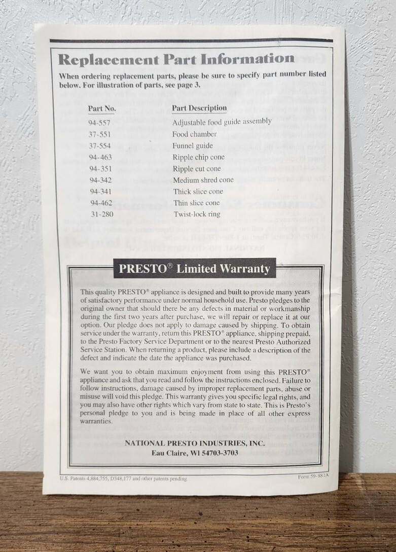 Presto Professional Salad Shooter Plus Instruction Manual ONLY 1994 Replacement