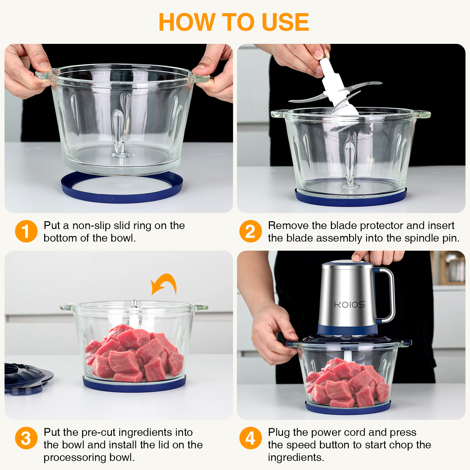 KOIOS Meat Grinder Electric Food Chopper, 2 Speeds 8 Cup Food Processor Silver