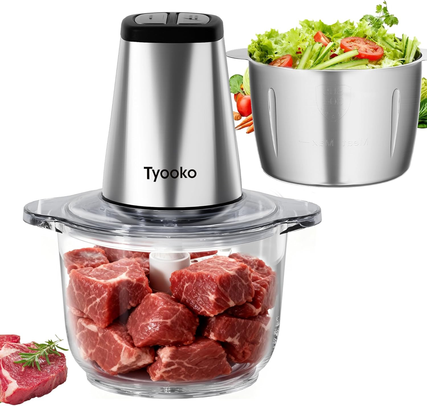 Electric Food Processor Vegetable Chopper, Easy Clean Meat Grinder with 2 Bowls