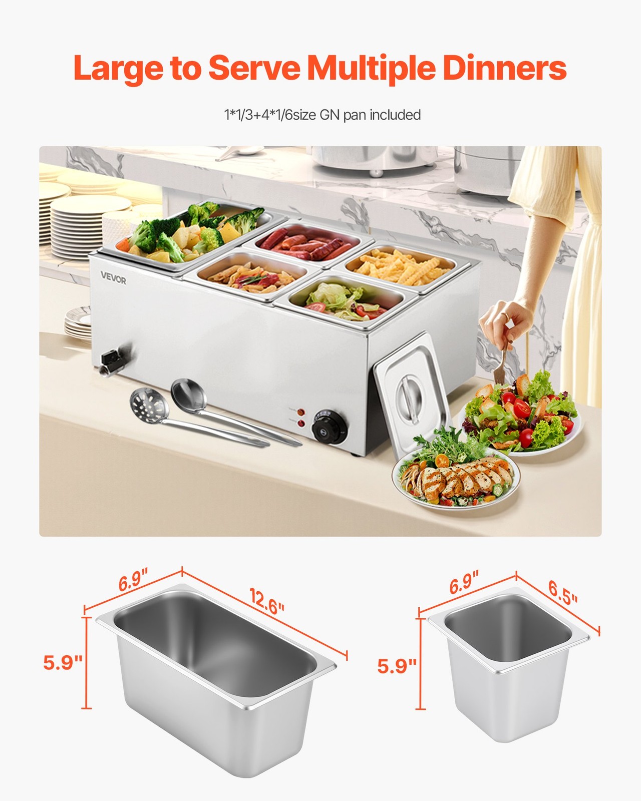 24QT Commercial Food Warmer, 5-Pan Electric Steam Table, 1200W Professional Coun