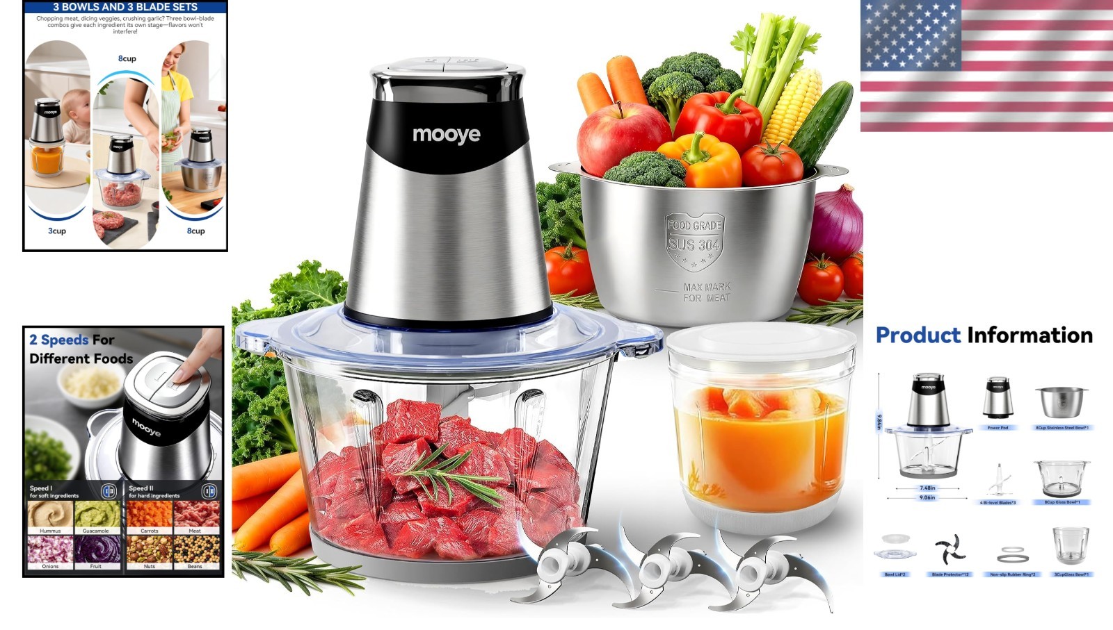 Versatile Electric Meat and Vegetable Processor: Dual Speed with 3 Bowl Sizes