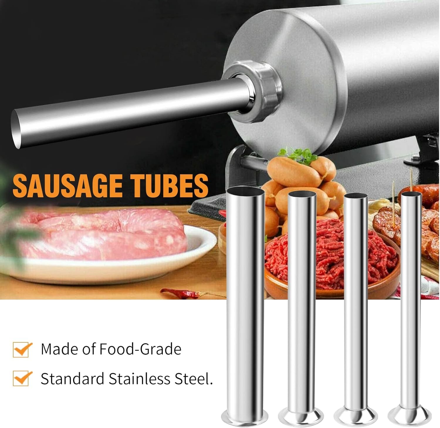 Stainless Steel Sausage Stuffing Tubes, 4 Sizes Meat Grinder Silver
