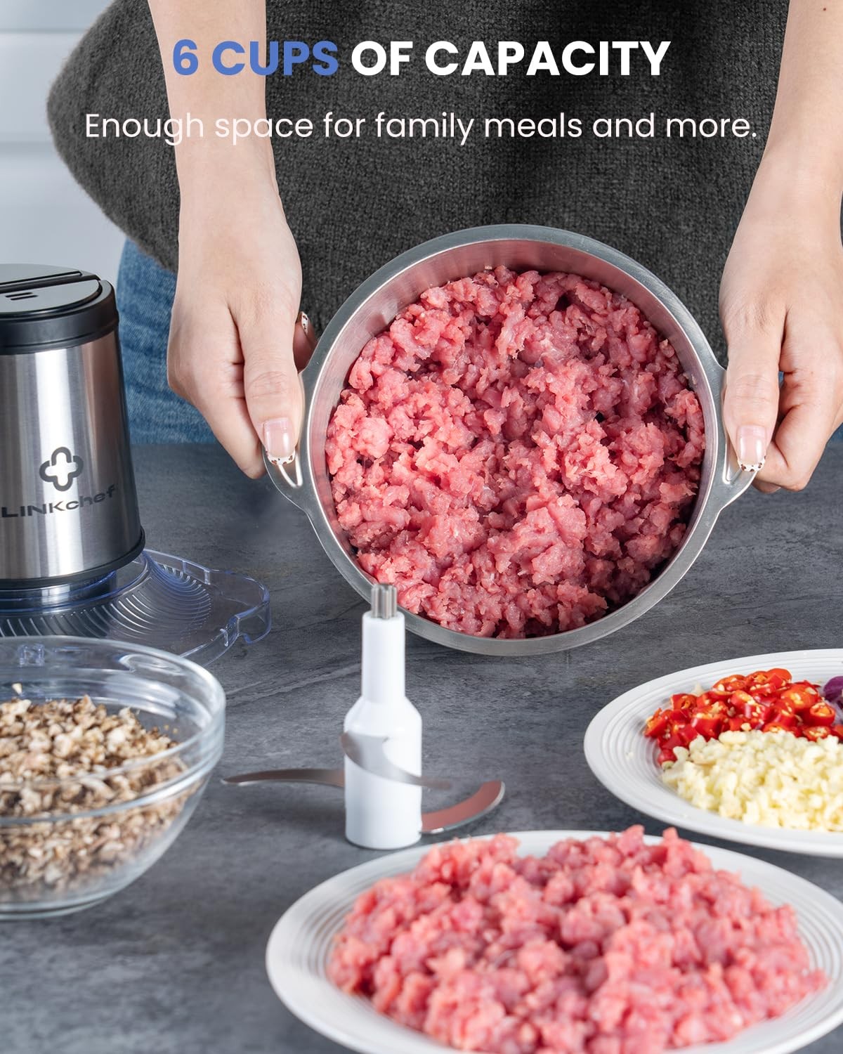 LINKChef Food Processor Small, 6 Cup Food Chopper with Container, 1.5L 250W