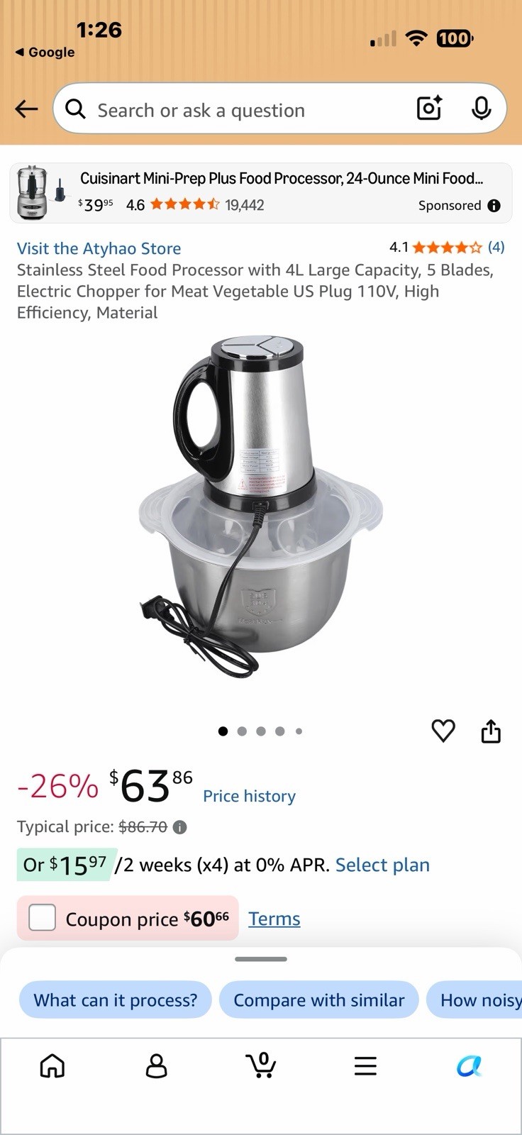 Stainless Steel Food Processor with 4L Large Capacity, 5 Blades, Electric Cho…
