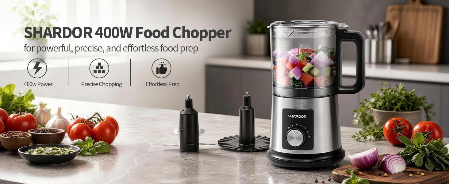 SHARDOR 4 Cup Electric Food Processor Chopper 400W 3 Speed 4 Blade Whisk