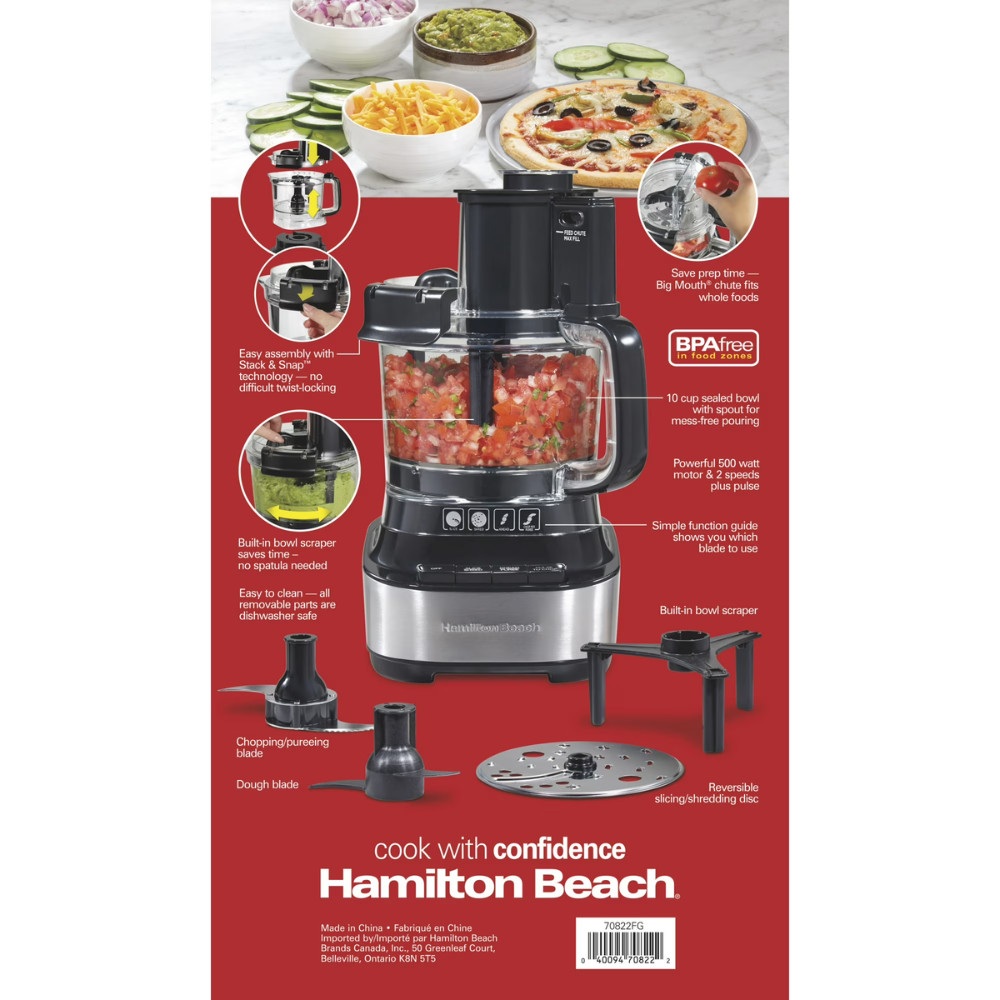 Hamilton Beach 10-Cup Food Processor, Stack & Snap, Bowl Scraper, Black, 70822FG