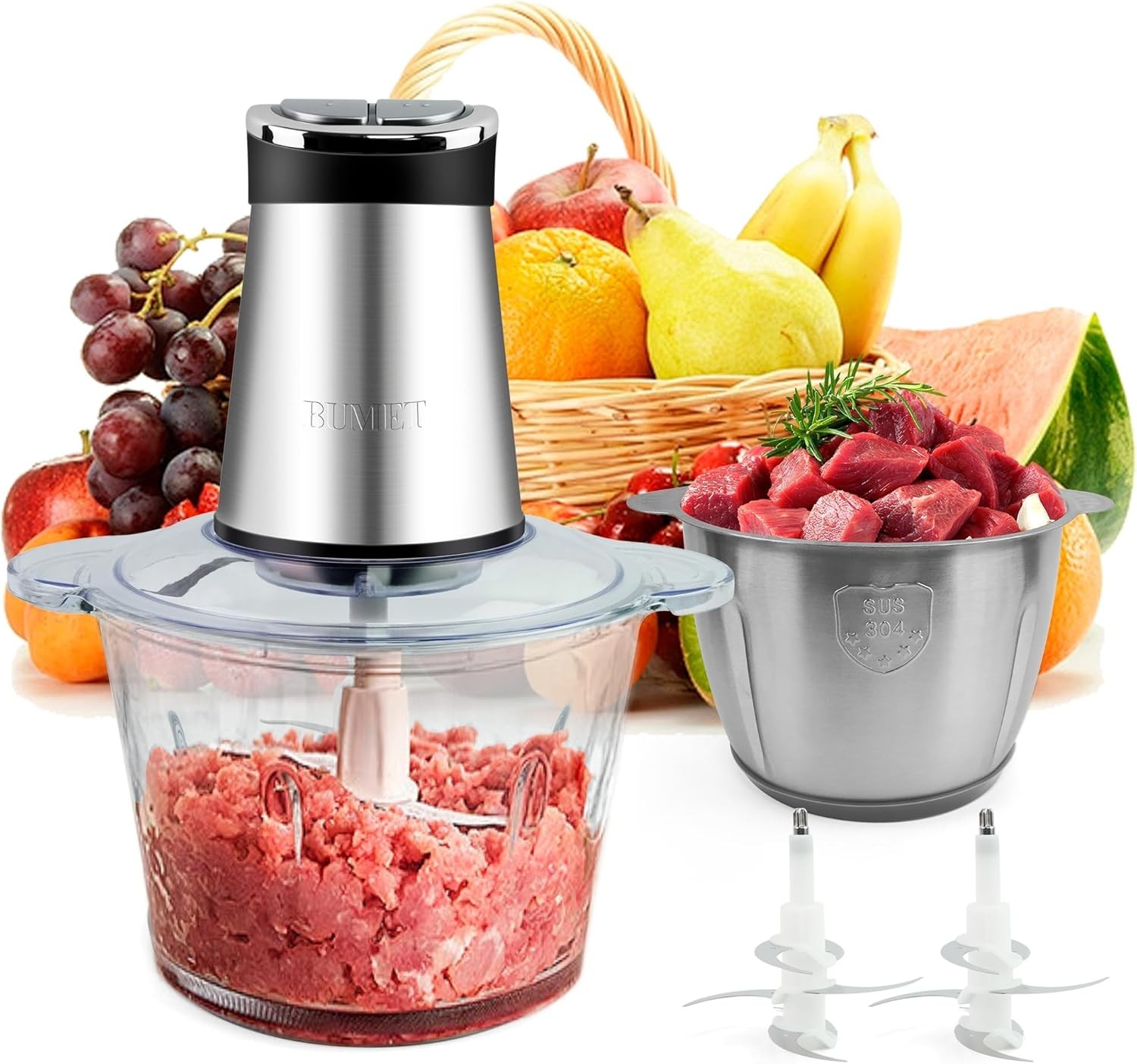 800W Electric Food Processor, 2×12 Cup Bowls, 3 Tier 6 Blade, Meat, Veg Chop