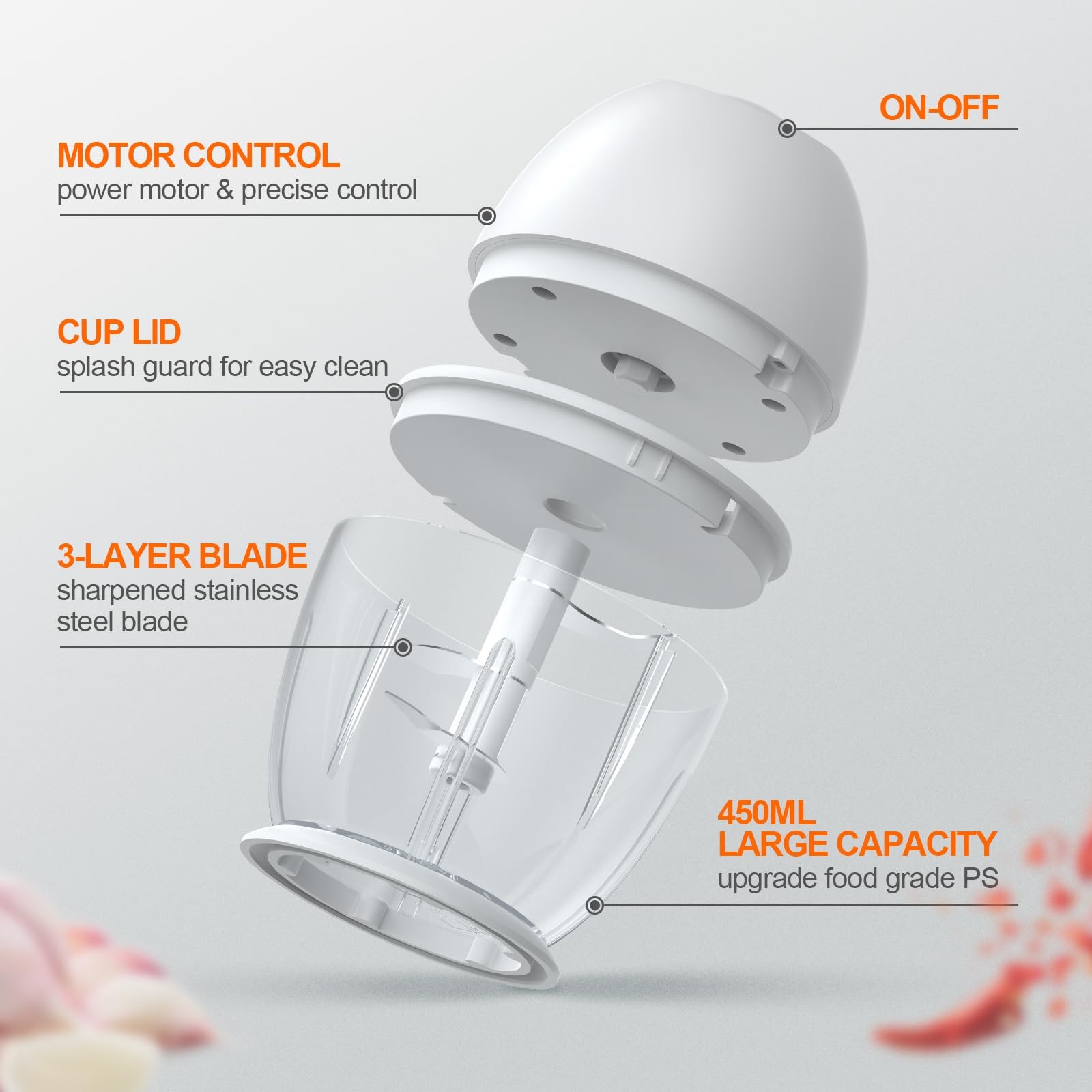 Portable Electric Garlic Chopper, 450ML Large Volume Cordless Mini Food Proce