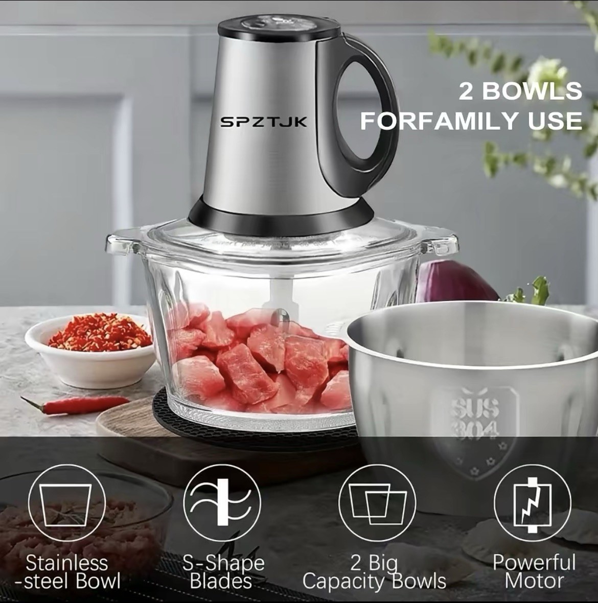 2L Electric Food Chopper Meat Grinder Processor 2 Bowls Stainless Steel BPA Free