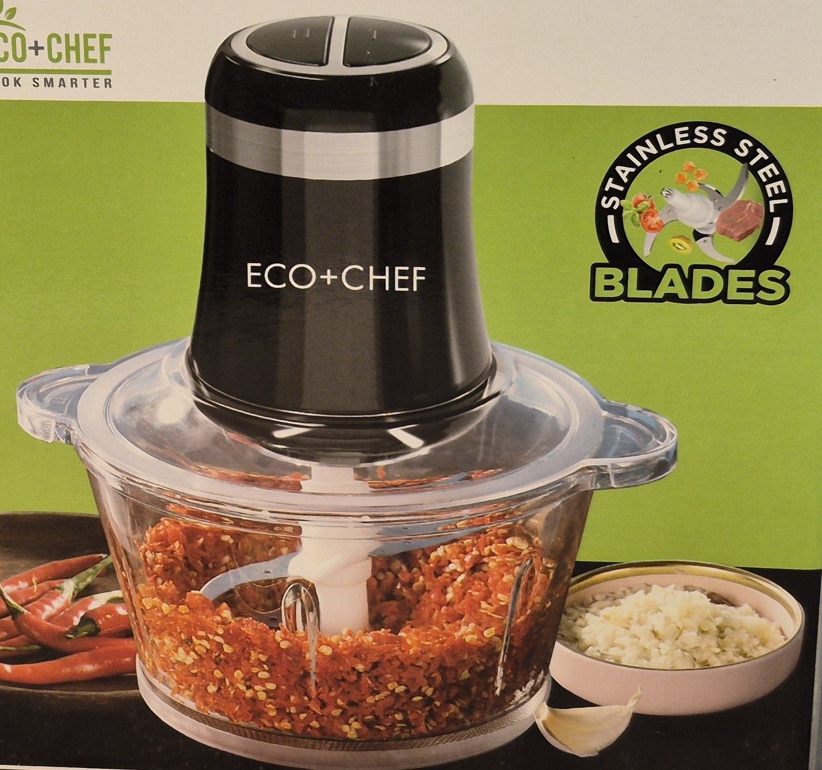Eco+Chef 8.5 Cup Food Processor w Glass Mixing Work Bowl CHOP EC-85CFP-M NEW BX