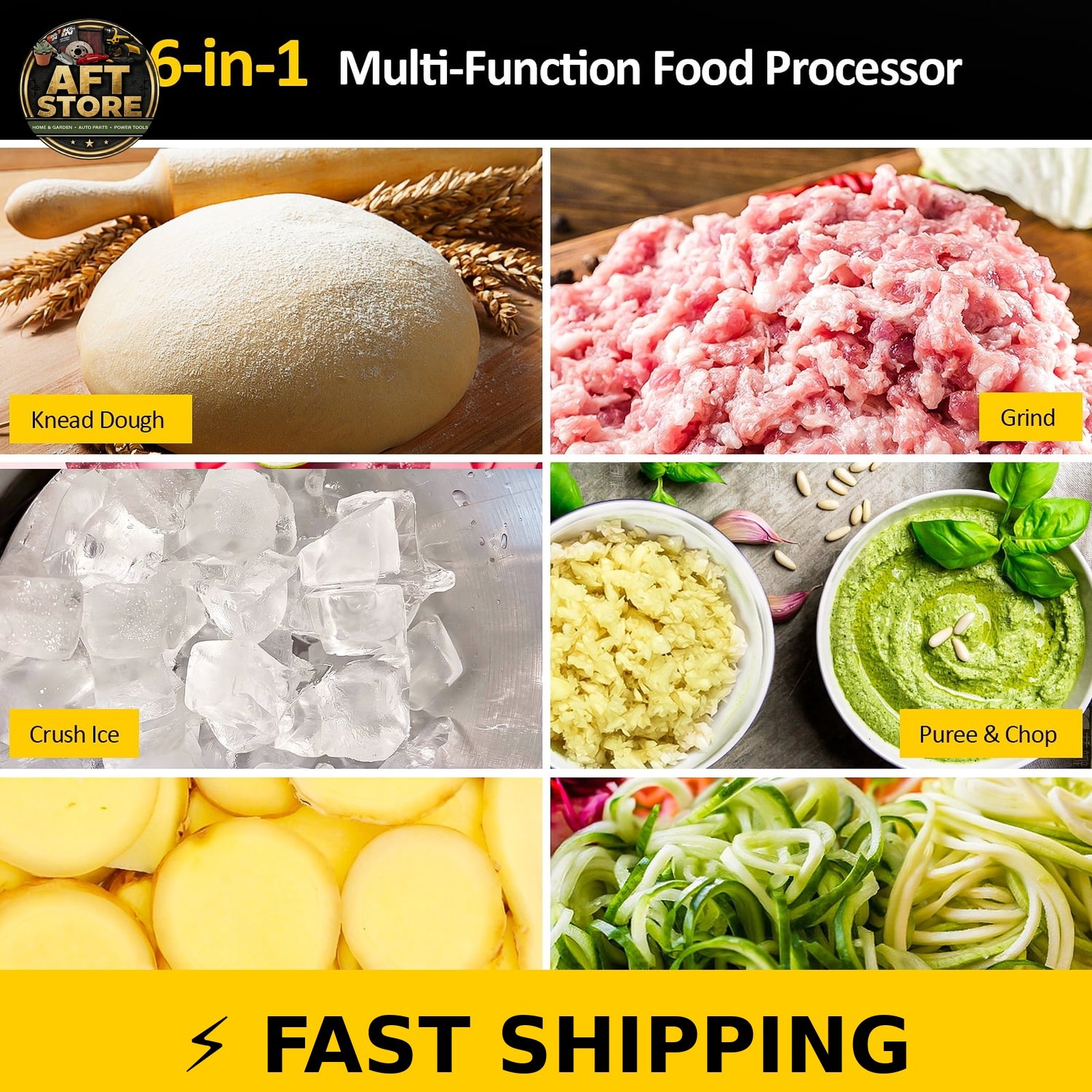 TINANA 6-in-1 Food Processor 10 Cup 1000W Electric Chopper