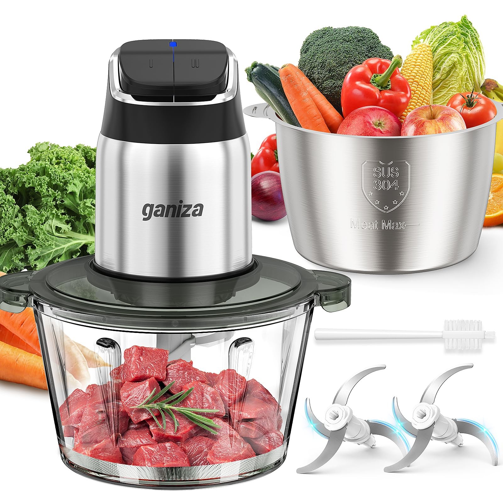 Food Processor with Dual Bowls, 2-Speed Food Chopper & Meat Grinder