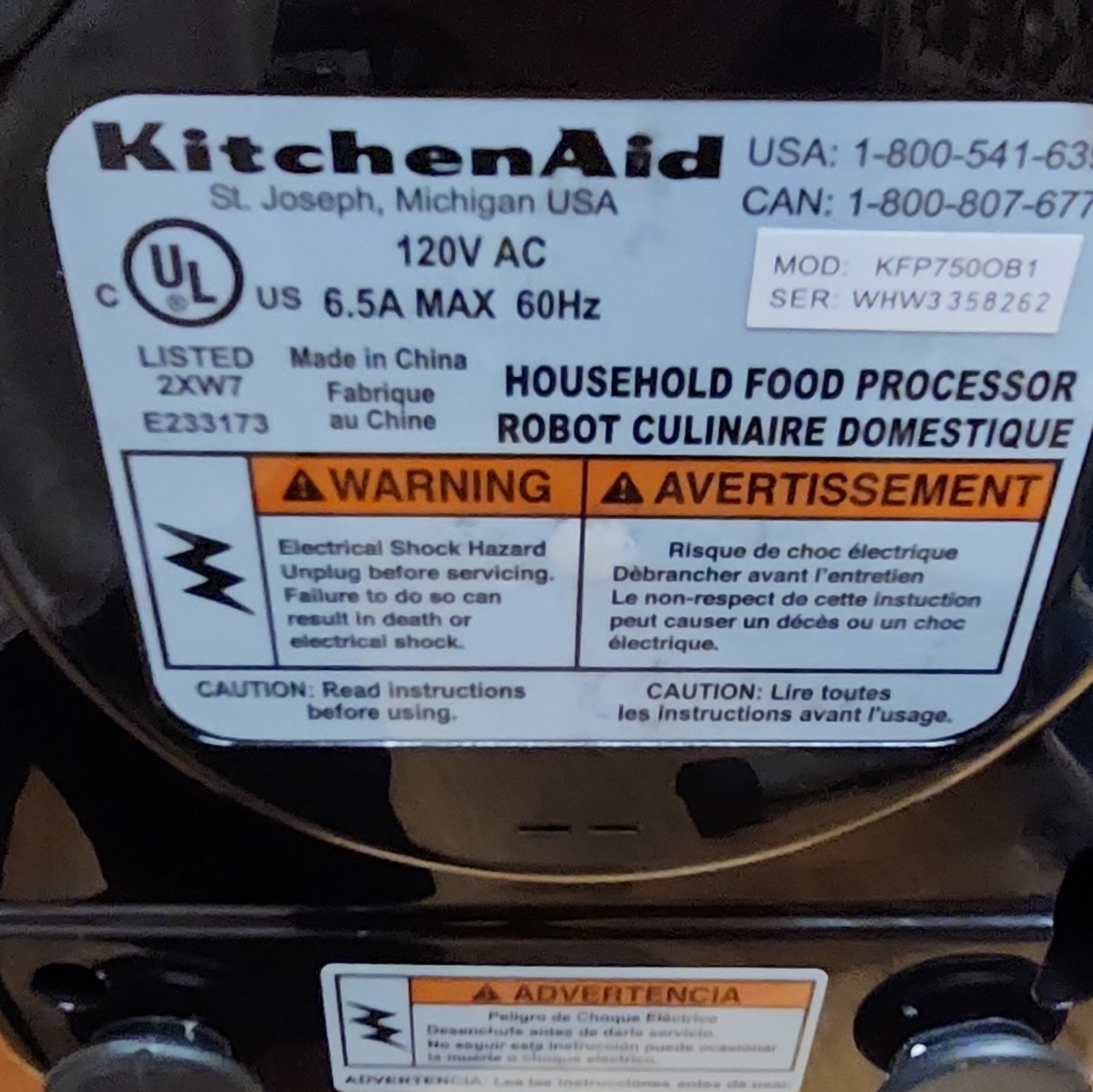KitchenAid KFP750OB1 12-Cup Food Processor Motor Base Unit Black Pulse
