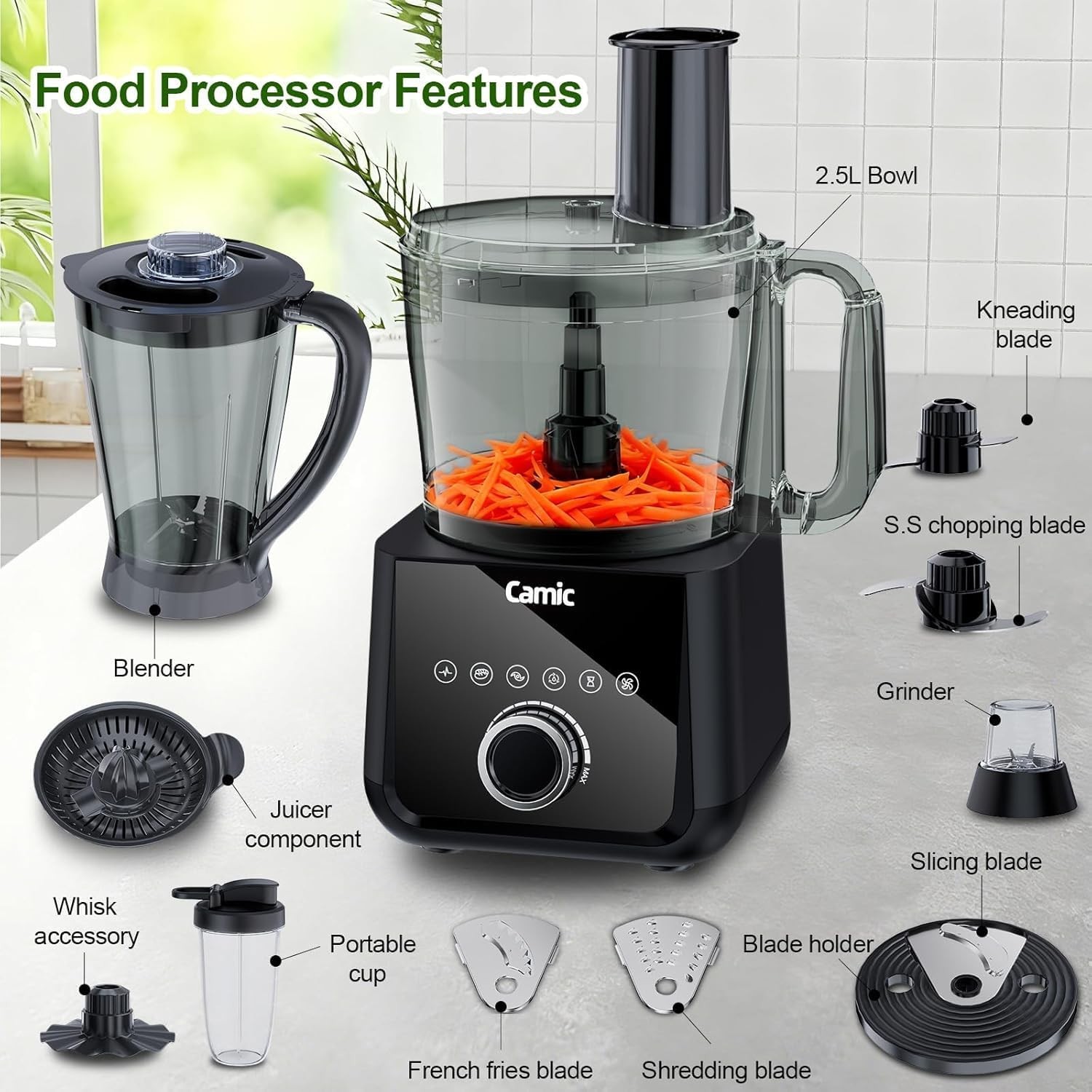 600W Food Processor Camic 6 Presets Chopping Slicing Dough Blender