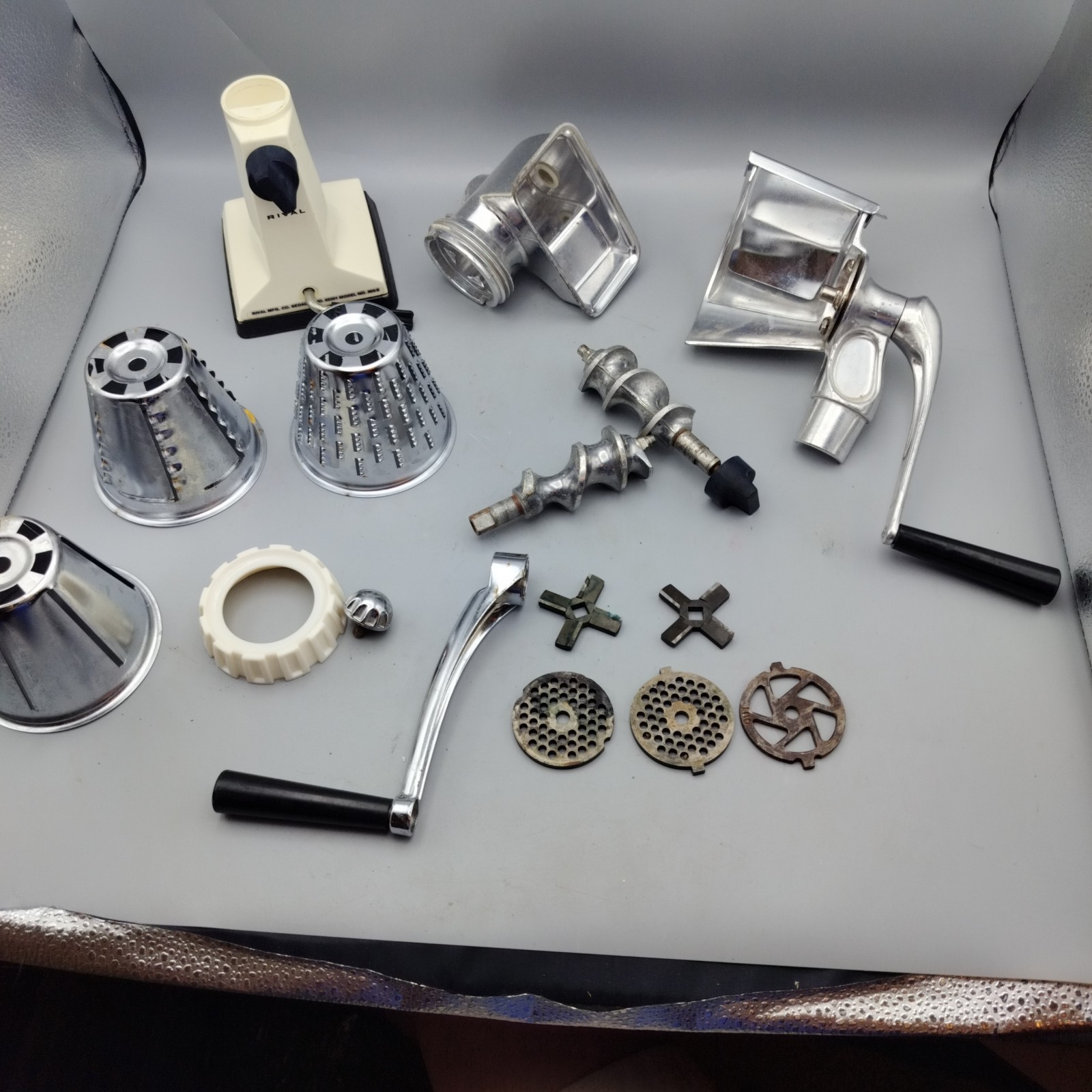 Vintage Rival Kitchen Food Processor Grind-o-mat Manual Hand Crank Extra Pieces
