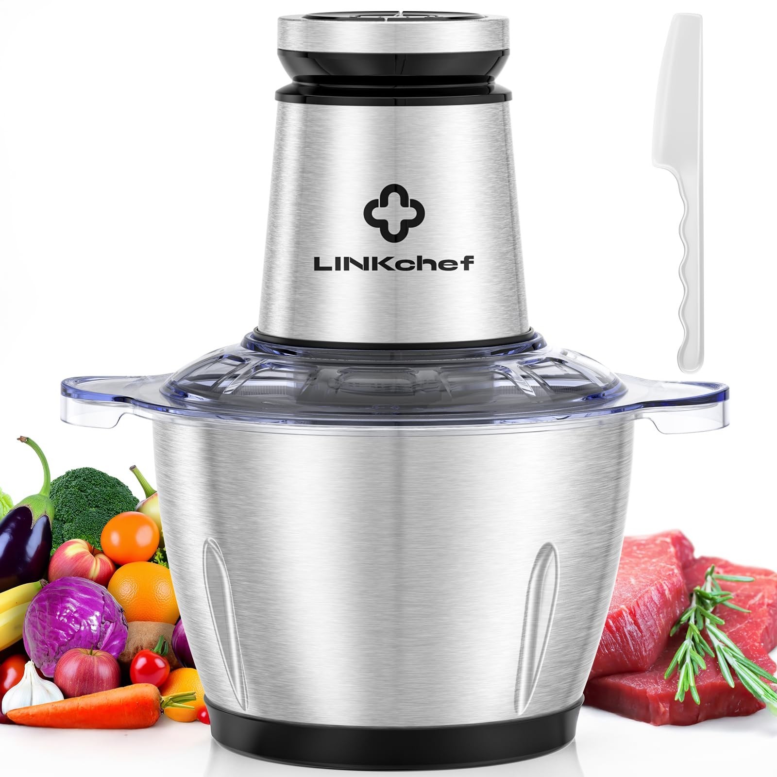 10-Cup Food Processor & Chopper, 600W Electric Meat Grinder, Stainless Steel Kit