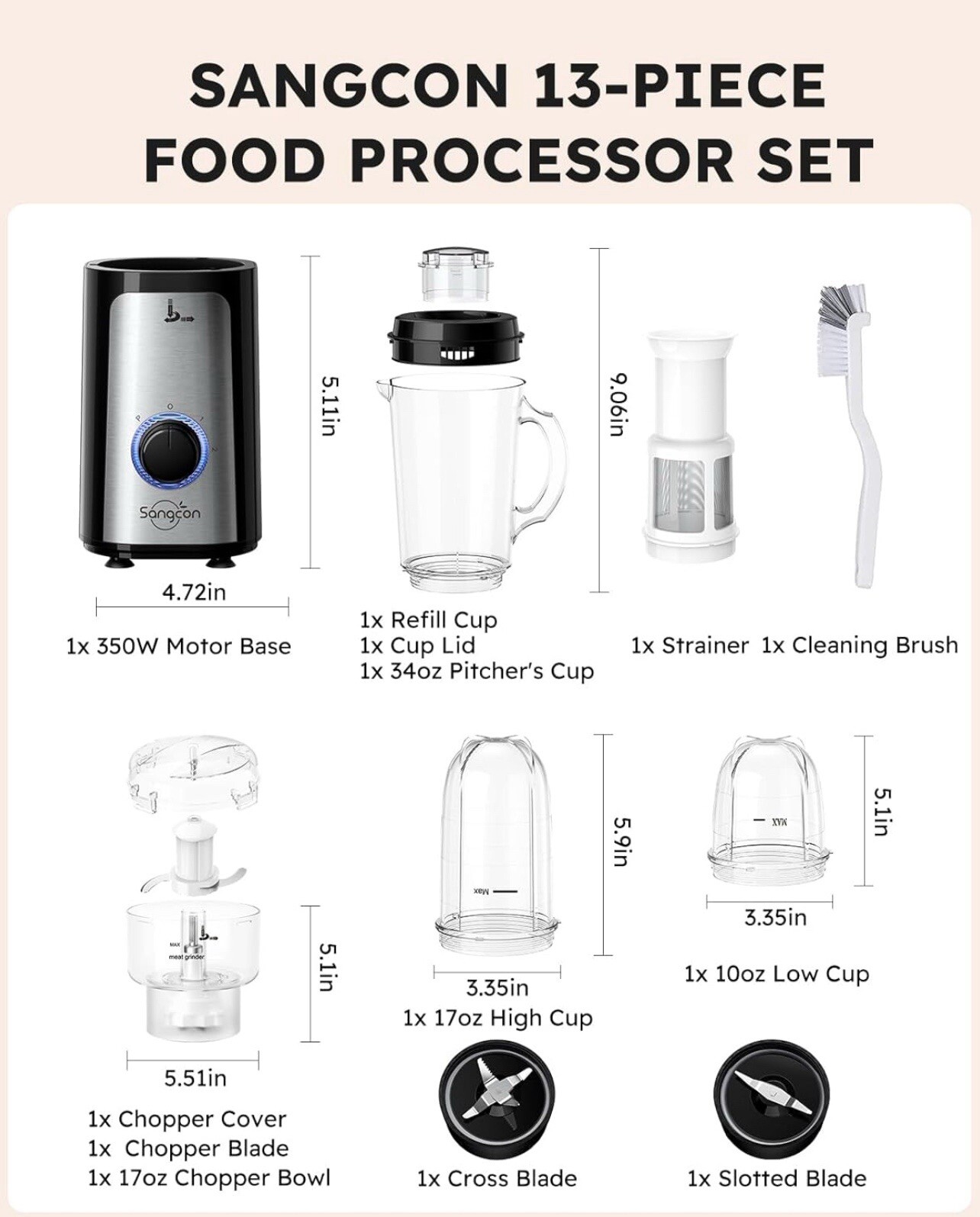 Sangcon 350W Electric Food Processor – Corded, Silver/Black, Portable Design